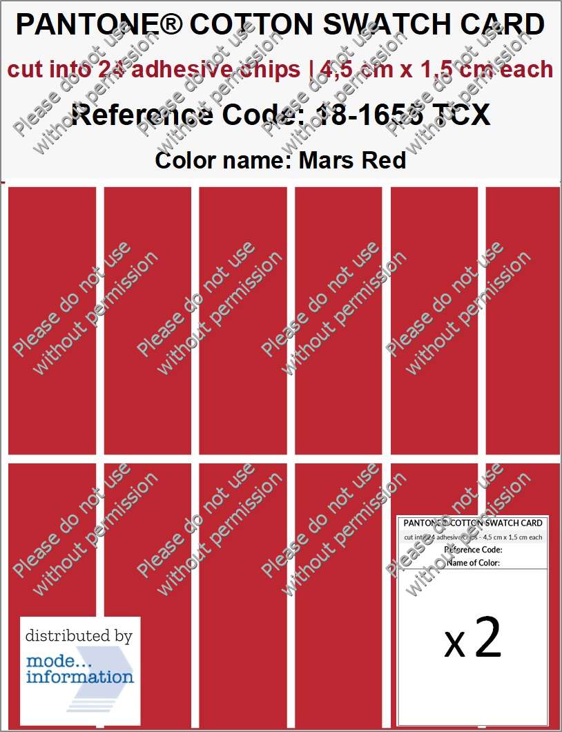 PANTONE COTTON SWATCH CARD 18-1655 TCX Mars Red (cut into 24 adhesive chips | 4,5 cm x 1,5 cm)