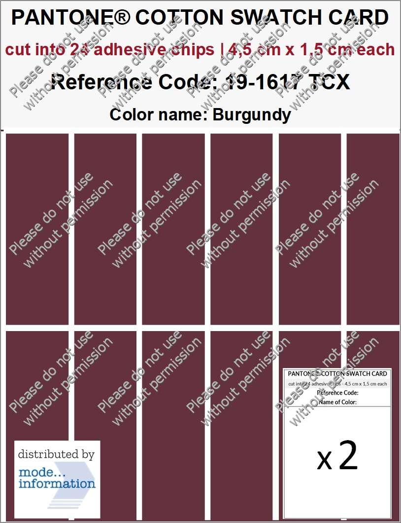 PANTONE COTTON SWATCH CARD 19-1617 TCX Burgundy (cut into 24 adhesive chips | 4,5 cm x 1,5 cm)