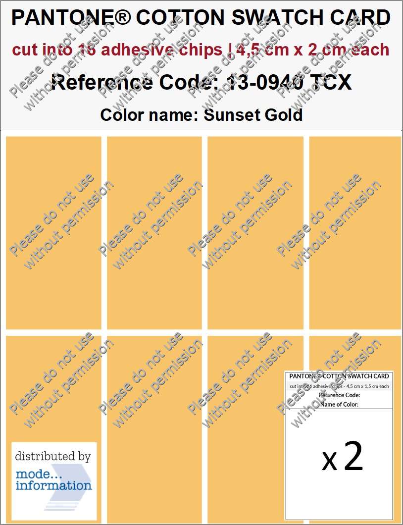 PANTONE COTTON SWATCH CARD 13-0940 TCX Sunset Gold (cut into 16 adhesive chips | 4,5 cm x 2 cm)