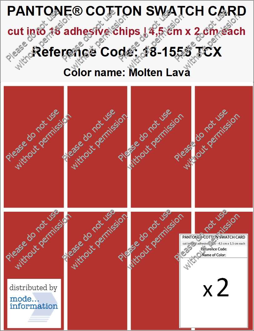 PANTONE COTTON SWATCH CARD 18-1555 TCX Molten Lava (cut into 16 adhesive chips | 4,5 cm x 2 cm)